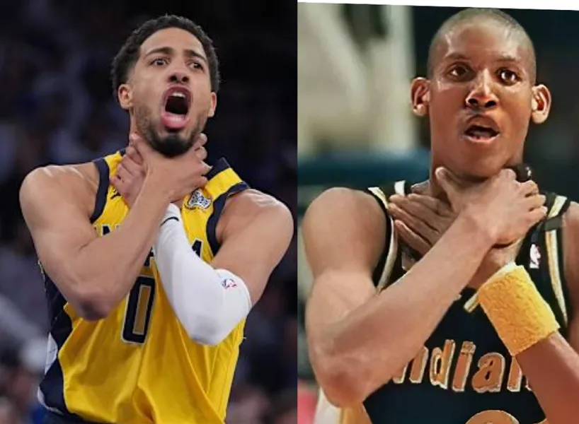 Tyrese Haliburton哈利伯頓致敬Reggie miller 大嘴米勒在季後賽經典的掐脖子預告勝利手勢